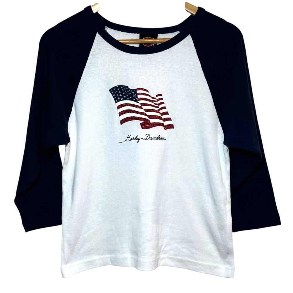 Kellys Harley Davidson Billerica, MA Glitter Flag USA Blue White 3/4 Jersey